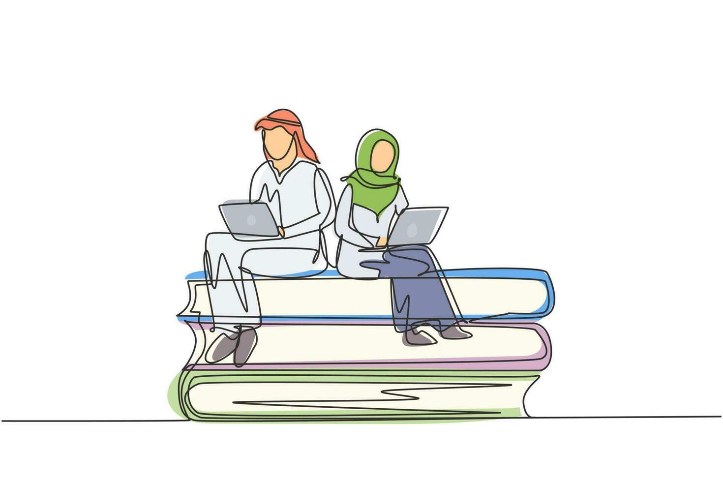 singola linea continua disegno coppia araba con laptop seduto su una pila di libri insieme. freelance, formazione a distanza, corsi online, studio. una linea disegnare grafica vettoriale illustrazione