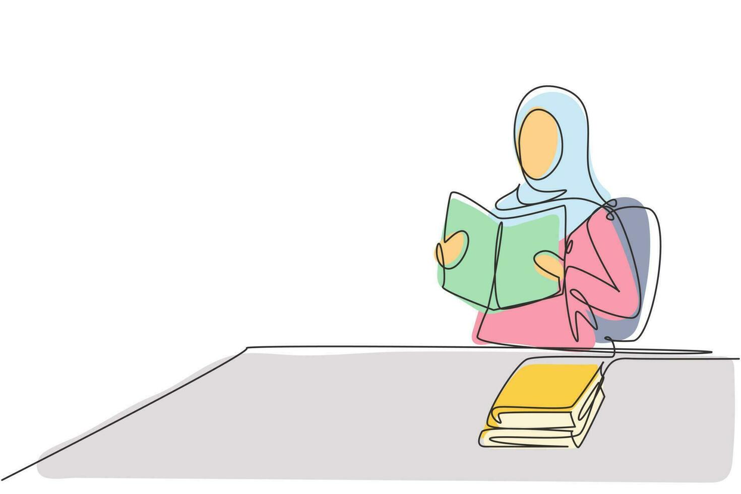 disegno continuo di una linea giovane donna araba che legge, impara e si siede su una sedia attorno al tavolo. studiare in biblioteca. studente intelligente, istruzione. illustrazione grafica vettoriale di disegno di disegno a linea singola