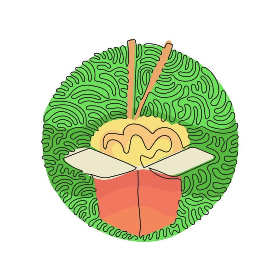 noodle di disegno a linea continua in scatola. ramen asiatico, ristorante cinese tradizionale con pasta e bacchette. stile di sfondo del cerchio di ricciolo di turbinio. illustrazione grafica vettoriale di progettazione a linea singola