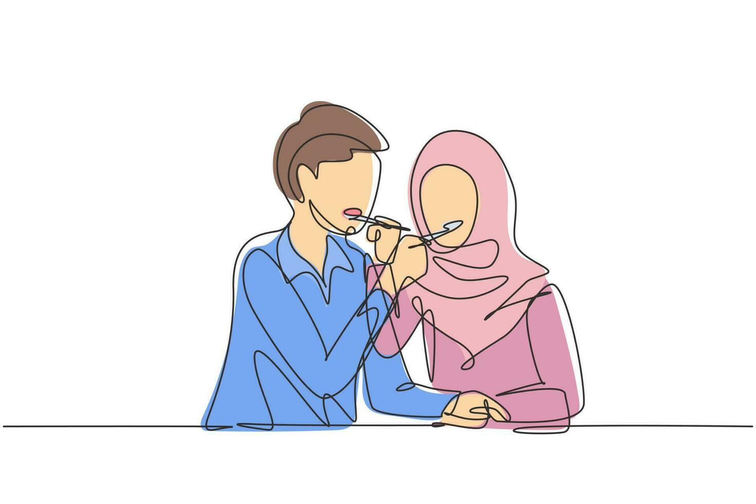 singola linea continua che disegna una coppia araba romantica che si nutre a vicenda. divertirsi cenando insieme al ristorante. celebrare anniversari di matrimonio. una linea disegnare grafica vettoriale illustrazione