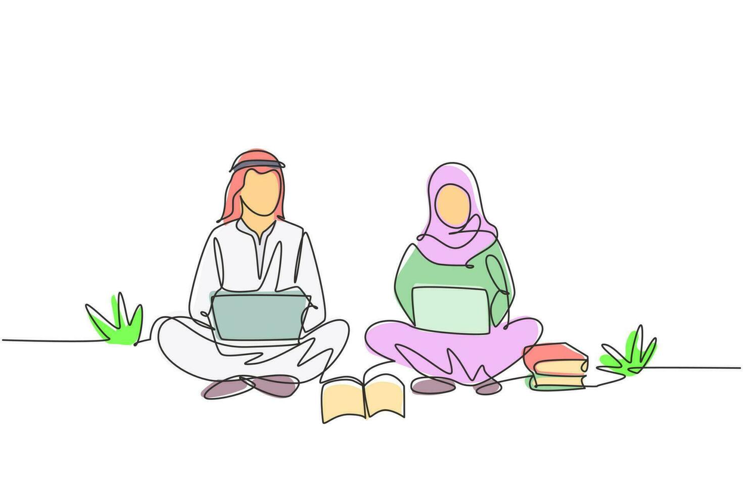 singolo disegno a tratteggio coppia araba con laptop seduti insieme al parco. freelance, apprendimento a distanza, corsi online, concetto di studio. illustrazione vettoriale grafica di disegno di disegno di linea continua