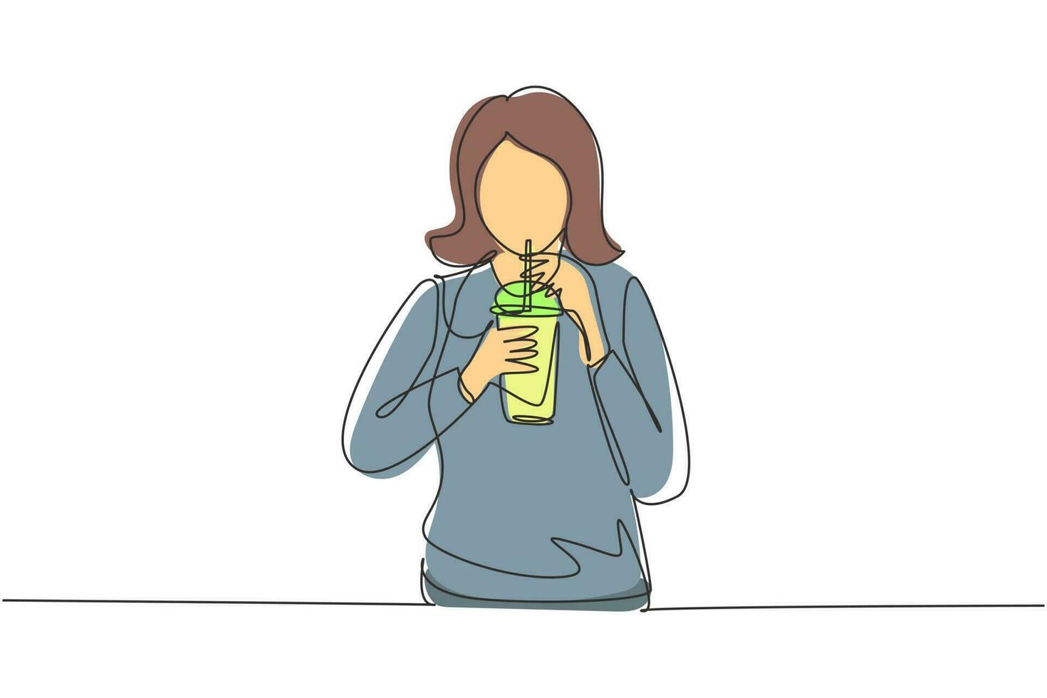 disegno a linea continua singola bella donna tenere un bicchiere di plastica e bere tè verde freddo con paglia. renderla rinfrescante nella stagione estiva. illustrazione vettoriale di disegno grafico di disegno grafico di una linea dinamica
