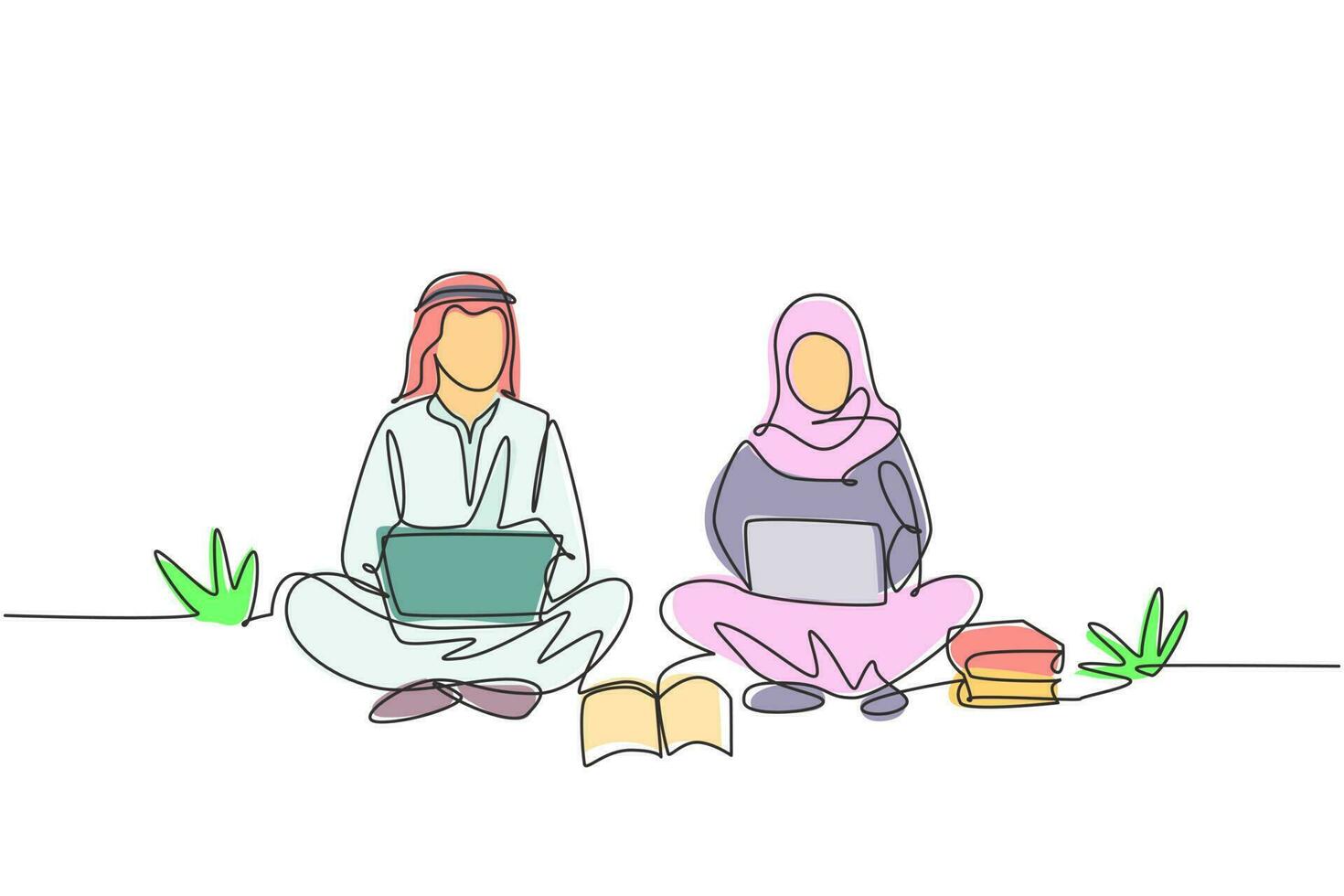 singolo disegno a tratteggio coppia araba con laptop seduti insieme al parco. freelance, apprendimento a distanza, corsi online, concetto di studio. illustrazione vettoriale grafica di disegno di disegno di linea continua