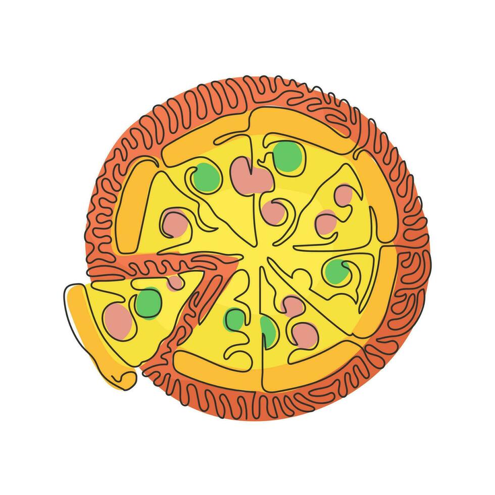 pizza a linea continua singola con pomodoro, formaggio, olive, salsiccia, cipolla, basilico. fast food italiano tradizionale. stile di sfondo del cerchio di ricciolo di turbinio. vettore dinamico di disegno grafico a una linea
