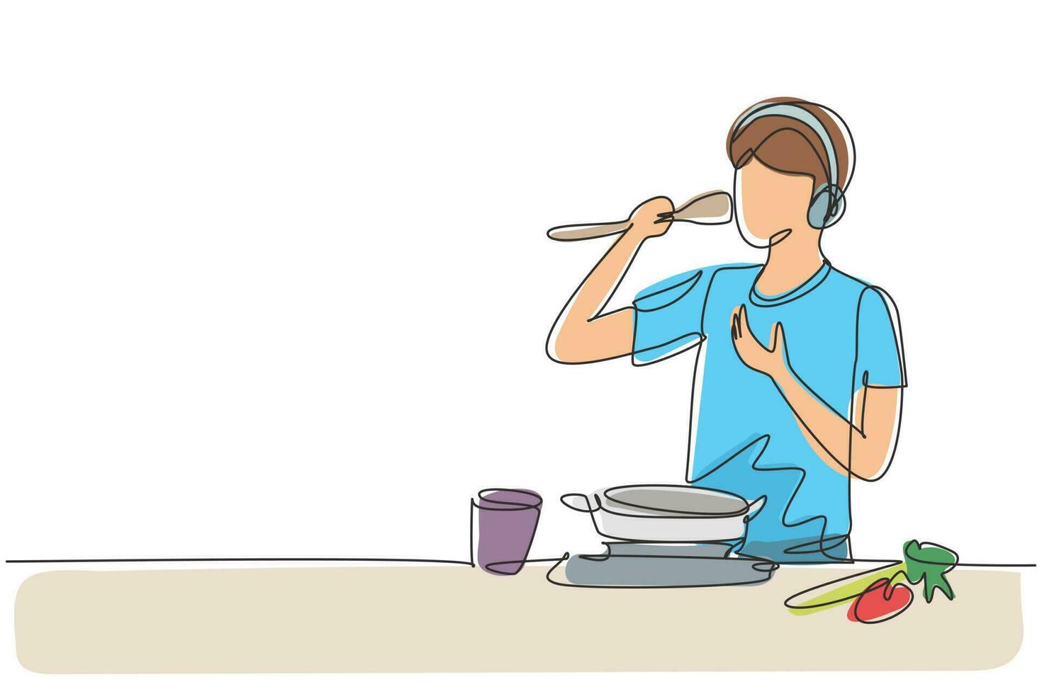 disegno continuo di una linea, il bel marito inizia a preparare la cena in famiglia cantando come una rock star con stoviglie e playlist di musica felicissima. illustrazione grafica vettoriale di disegno di disegno a linea singola