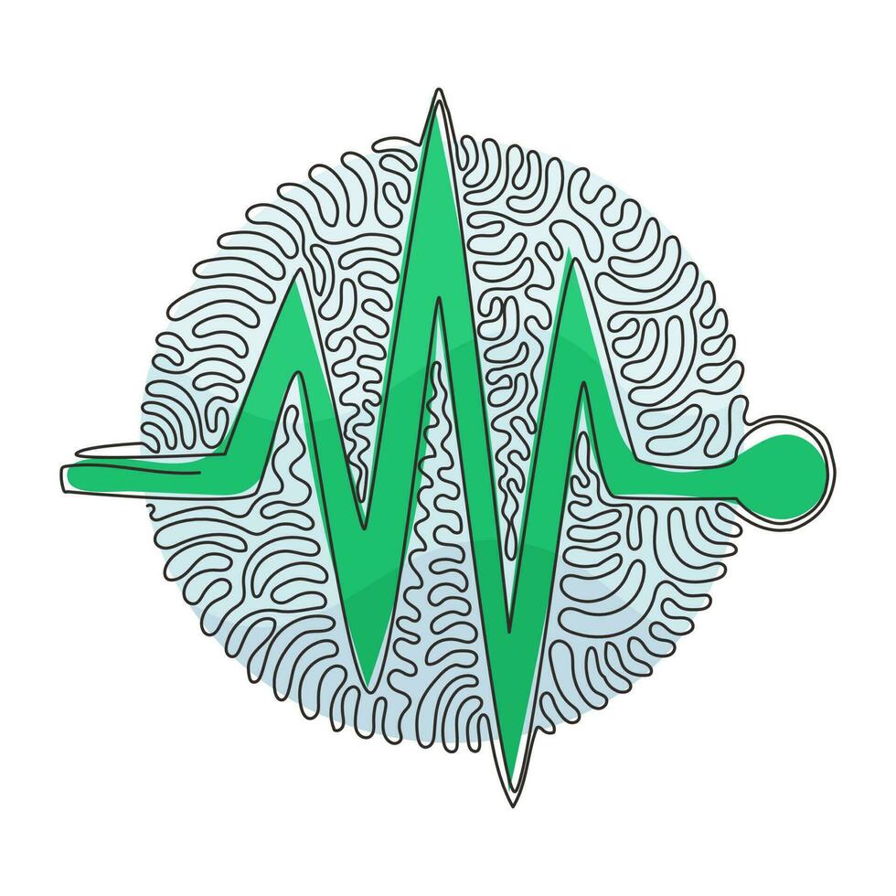 icona del battito cardiaco continuo di una linea di disegno. pulsazioni del battito cardiaco. battito cardiaco solitario, cardiogramma. assistenza sanitaria, app medica. stile di sfondo del cerchio di ricciolo di turbinio. grafica vettoriale di disegno a linea singola