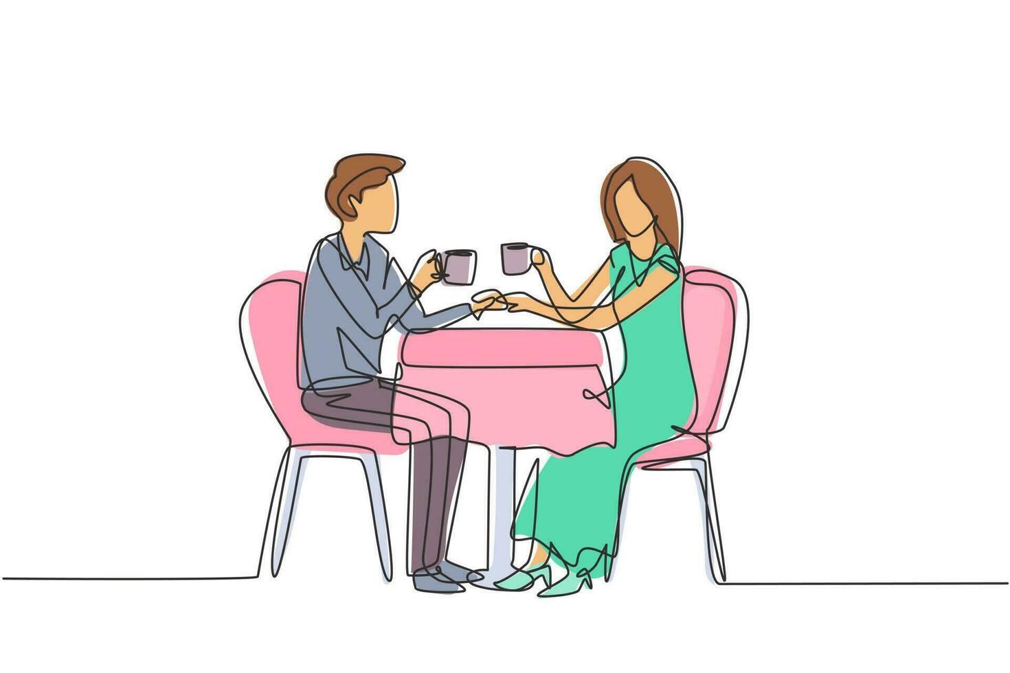 disegno a linea continua di una giovane coppia faccia a faccia con una cena romantica, entrambi con in mano delle tazze. festeggiare l'anniversario di matrimonio al ristorante. una linea disegnare grafica vettoriale illustrazione