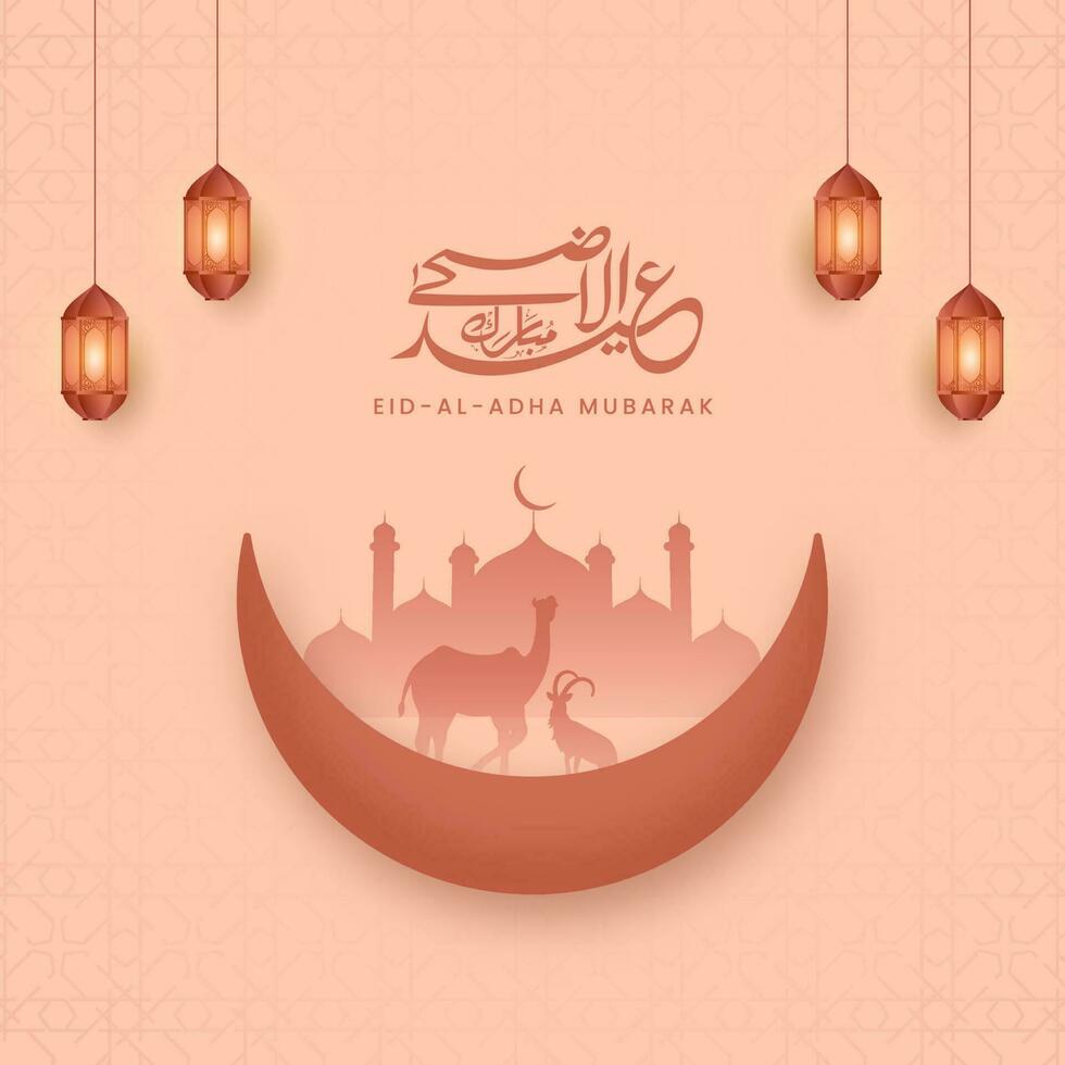 Arabo calligrafia di Eid-al-Adha mubarak con mezzaluna Luna, silhouette moschea, animali e illuminato lanterne appendere su pesca islamico modello sfondo. vettore