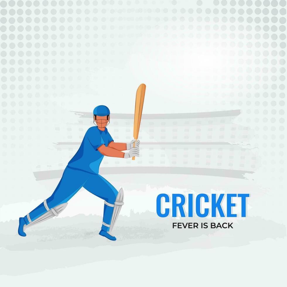 cricket febbre è indietro manifesto design con senza volto battitore giocatore su bianca mezzitoni effetto sfondo. vettore
