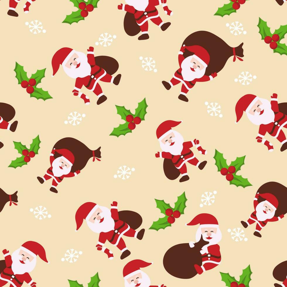 cartone animato Santa Claus sollevamento pesante Borsa con agrifoglio frutti di bosco e i fiocchi di neve decorato sfondo. vettore