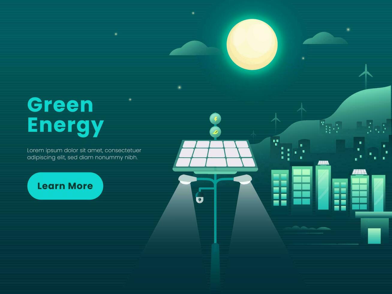 verde energia concetto basato manifesto design con illustrazione di edifici, solare pannelli, mulini a vento su pieno Luna sfondo. vettore