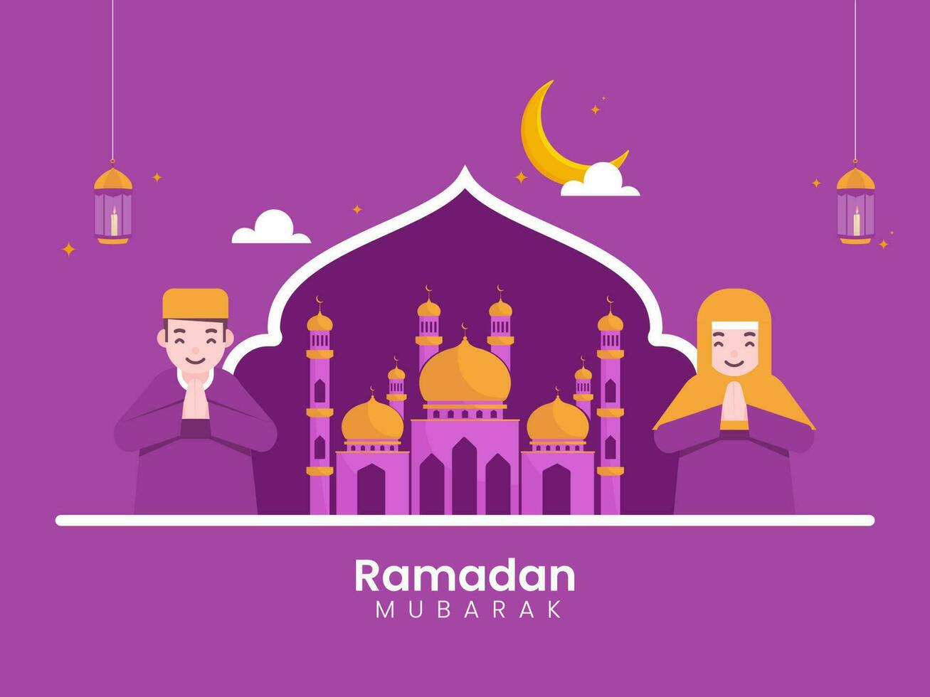 musulmano uomo e donna fare namaste con moschea illustrazione, mezzaluna Luna, illuminato lanterne appendere su viola sfondo per Ramadan mubarak concetto. vettore
