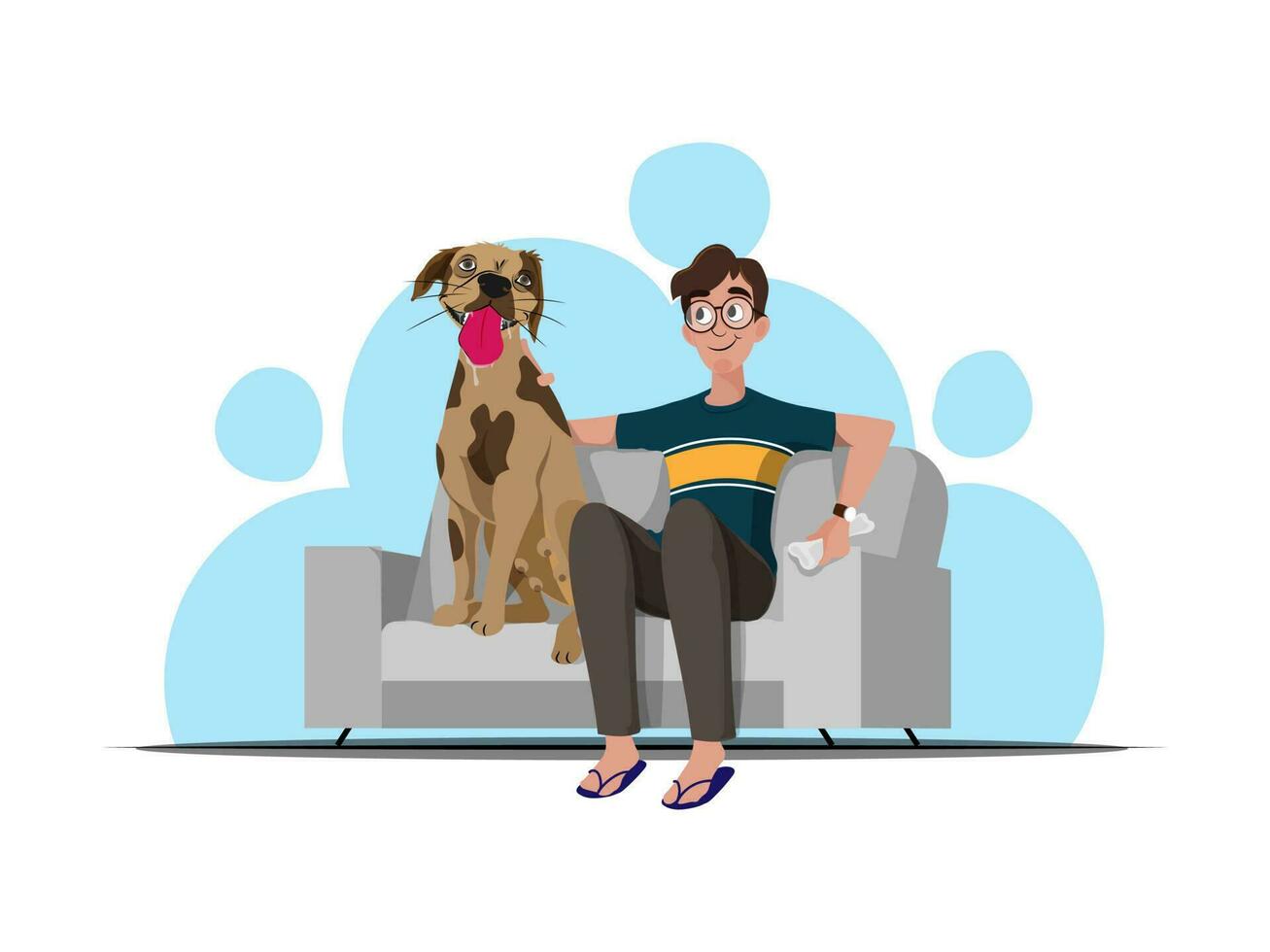 cartone animato contento tipo con cane seduta su divano. vettore