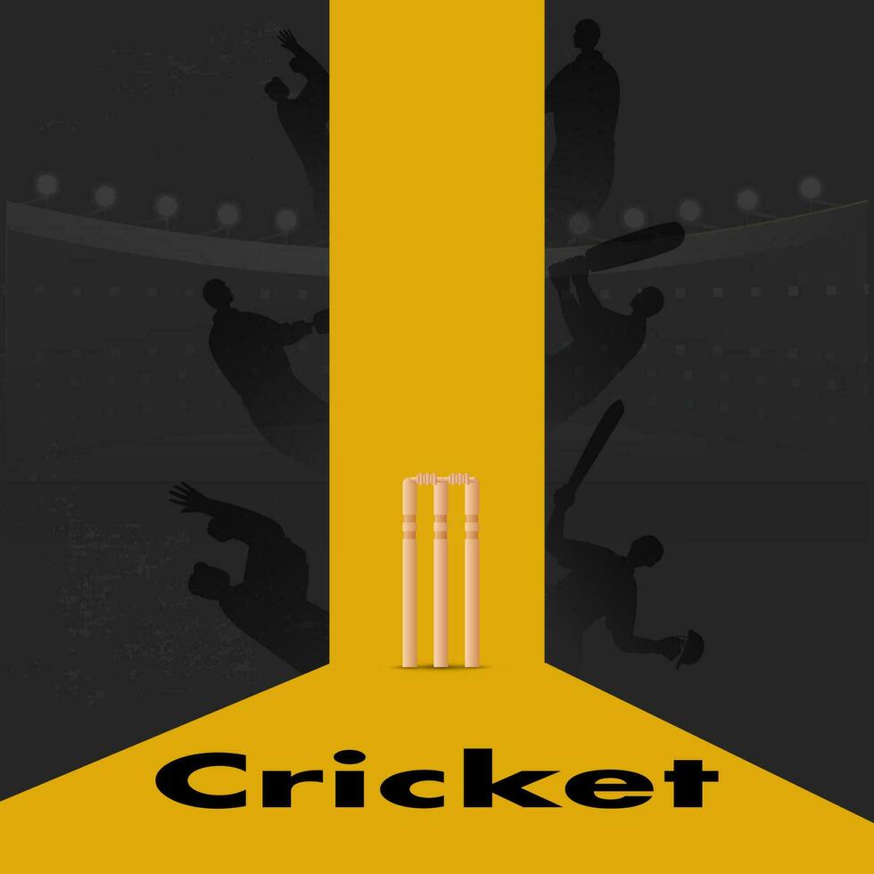 silhouette cricket Giocatori con 3d porticina monconi su giallo e nero sfondo per campionato concetto. vettore