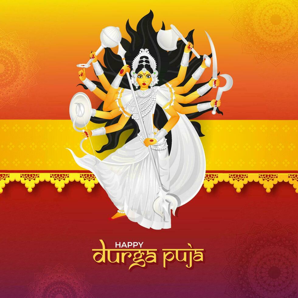 contento Durga puja celebrazione saluto carta design con illustrazione di bellissimo indù dea Durga su astratto sfondo. vettore