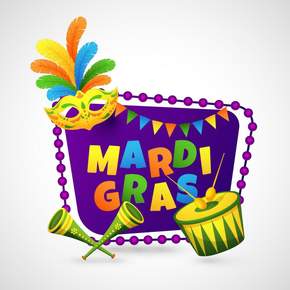 colorato testo di mardi gras su viola telaio decorato con pavese bandiere, maschera e musicale strumento illustrazione su bianca sfondo. vettore