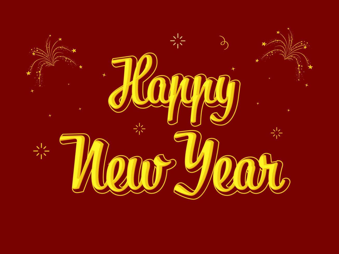 giallo contento nuovo anno font con fuochi d'artificio su rosso sfondo. vettore