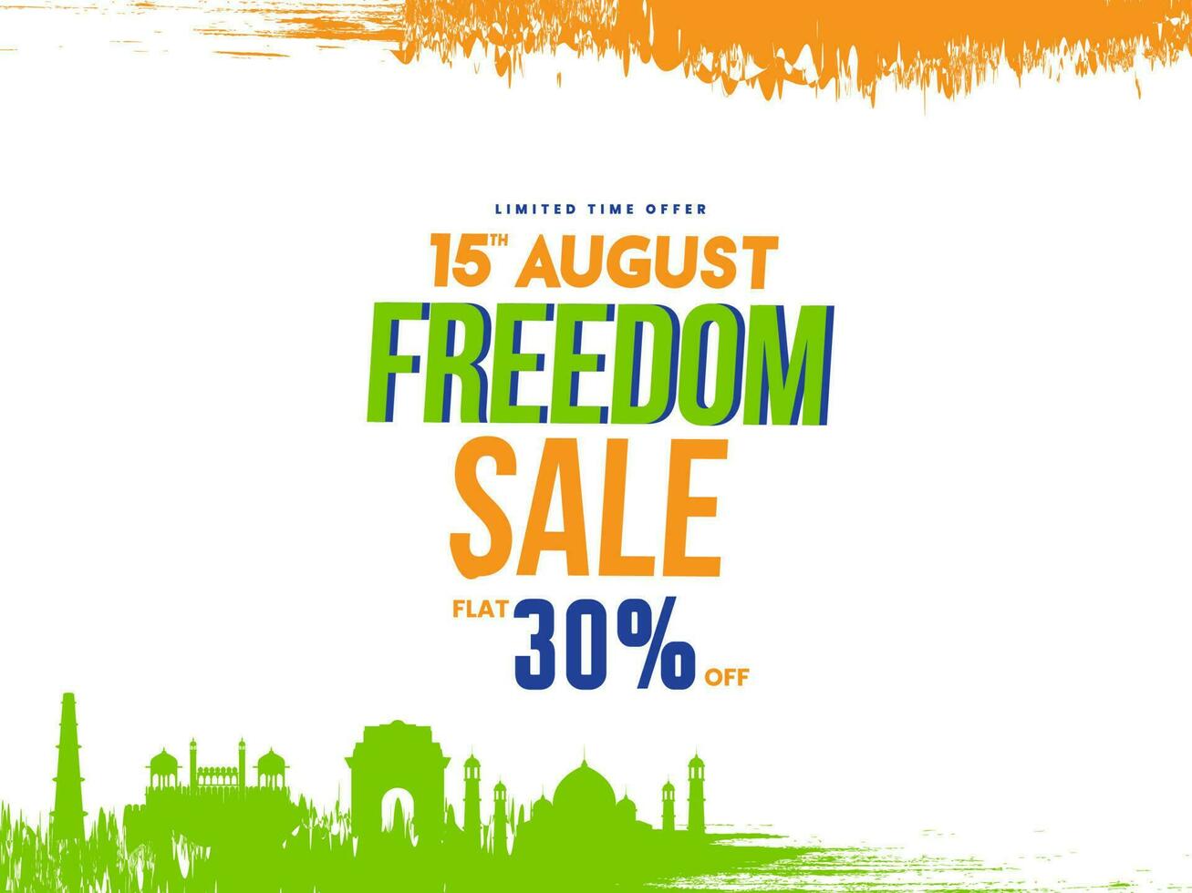 15 agosto la libertà vendita manifesto design con sconto offerta, zafferano e verde spazzola effetto famoso monumenti su bianca sfondo. vettore