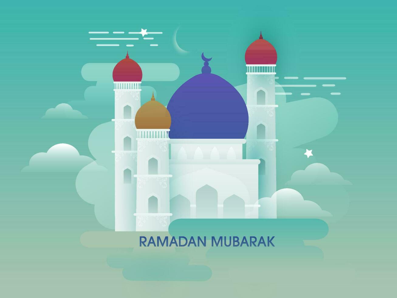 Ramadan mubarak font con moschea illustrazione su lucido turchese sfondo. vettore