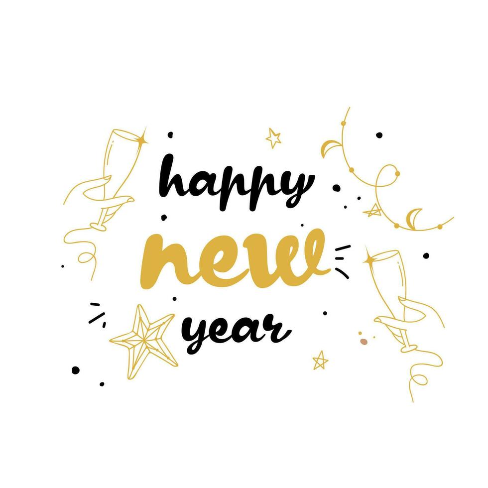 contento nuovo anno font con d'oro linea arte mani Tenere Champagne occhiali, stelle su bianca sfondo. vettore