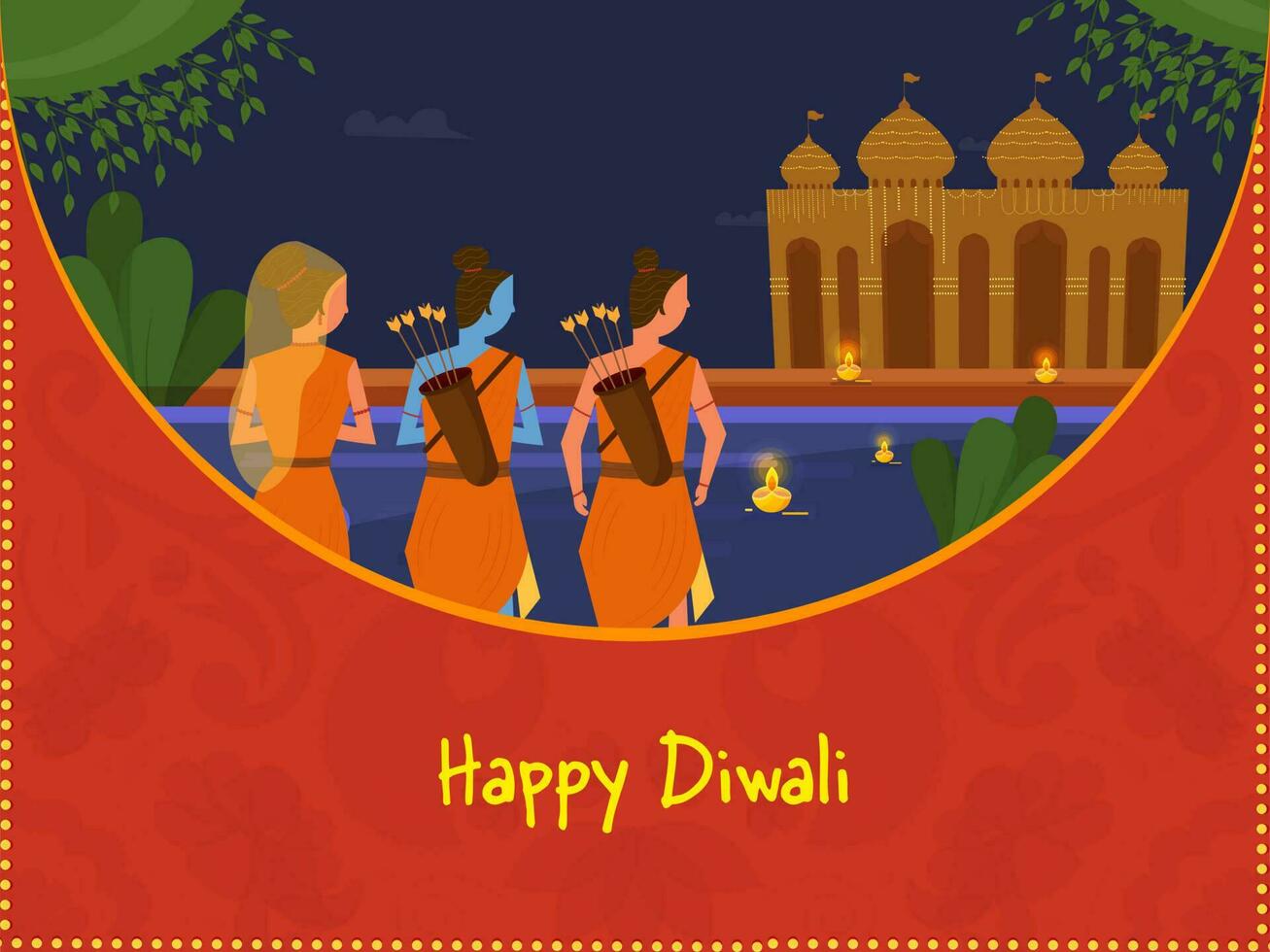 indietro Visualizza di indù signore rama con il suo moglie sita e fratello lakshman su decorativo ayodhya sfondo per contento Diwali celebrazione. vettore