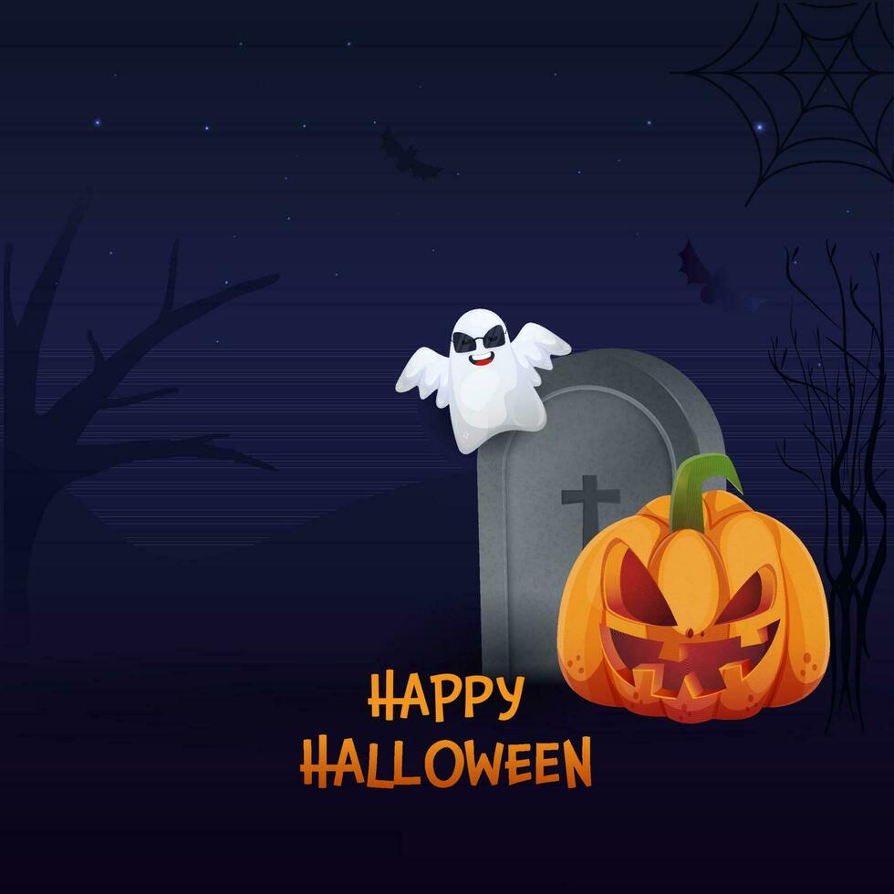 contento Halloween manifesto design con cimitero, cartone animato fantasma e pauroso zucca su blu ore notturne foresta sfondo. vettore