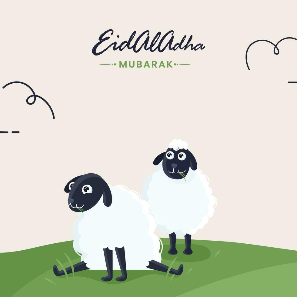 Eid-al-Adha mubarak manifesto design con Due cartone animato pecora su bianca e verde sfondo. vettore