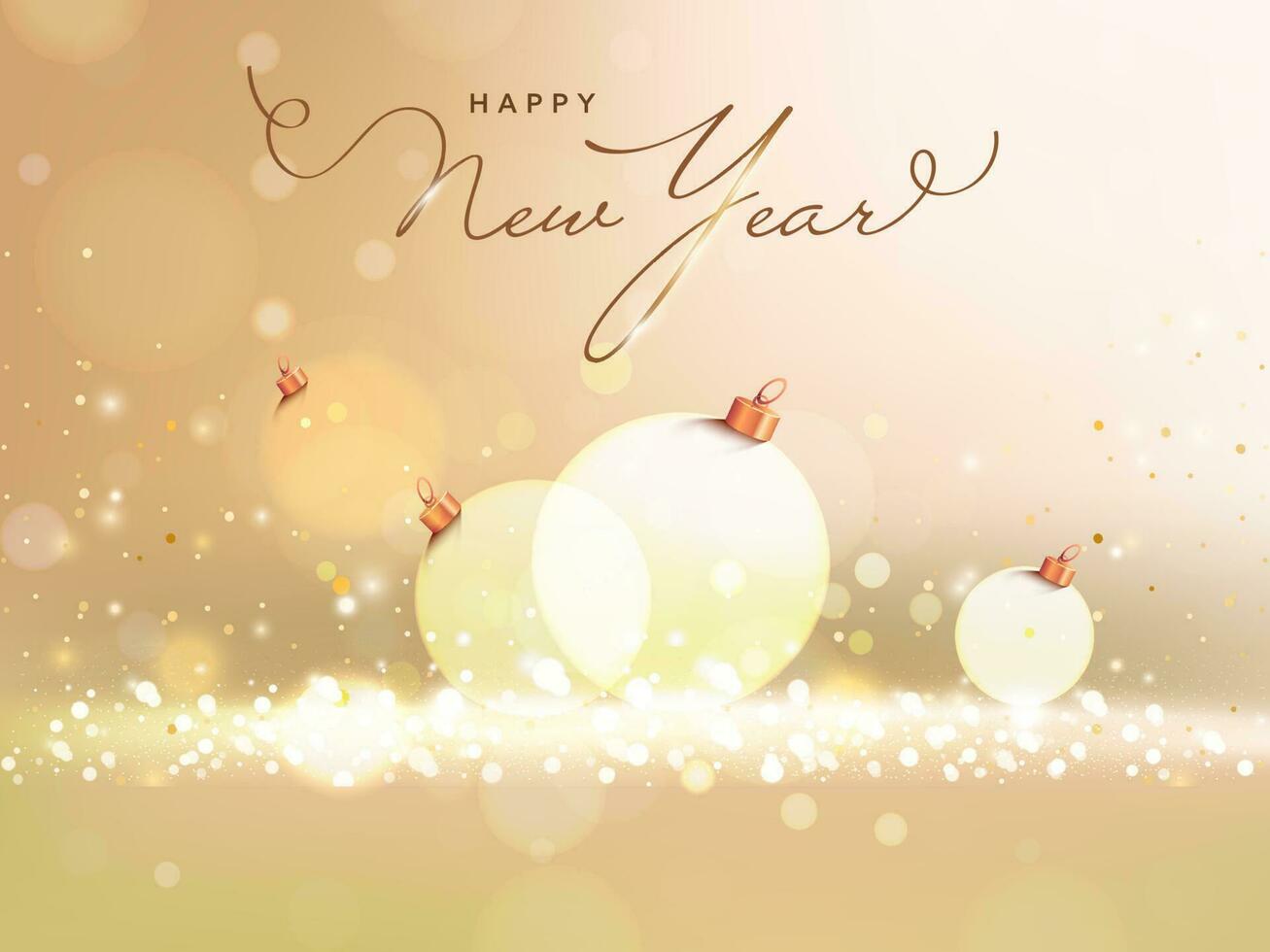 contento nuovo anno font con palline e leggero effetto su d'oro bokeh sfondo. vettore