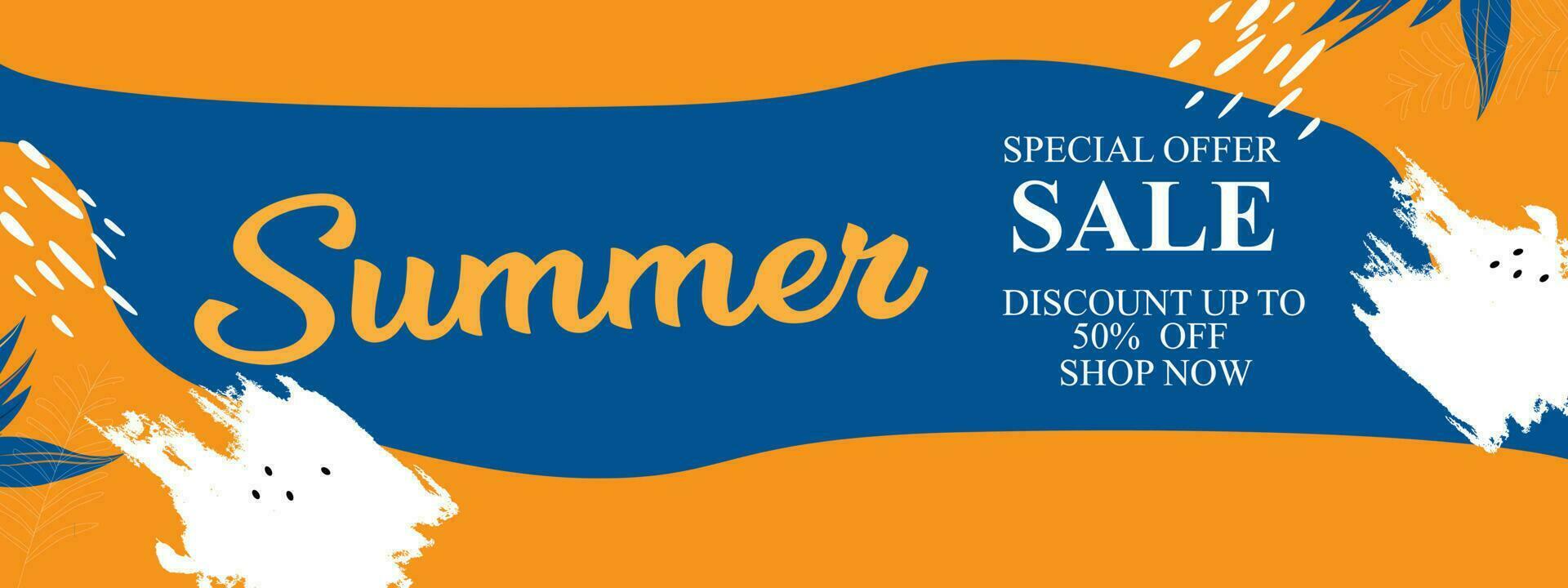 estate vendita speciale offrire striscione. estate stagione sfondo con mano lettering e estate arancia le foglie e fiore per attività commerciale vettore