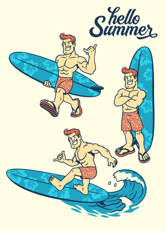 impostato di retrò disegno di muscolo uomini surfer vettore