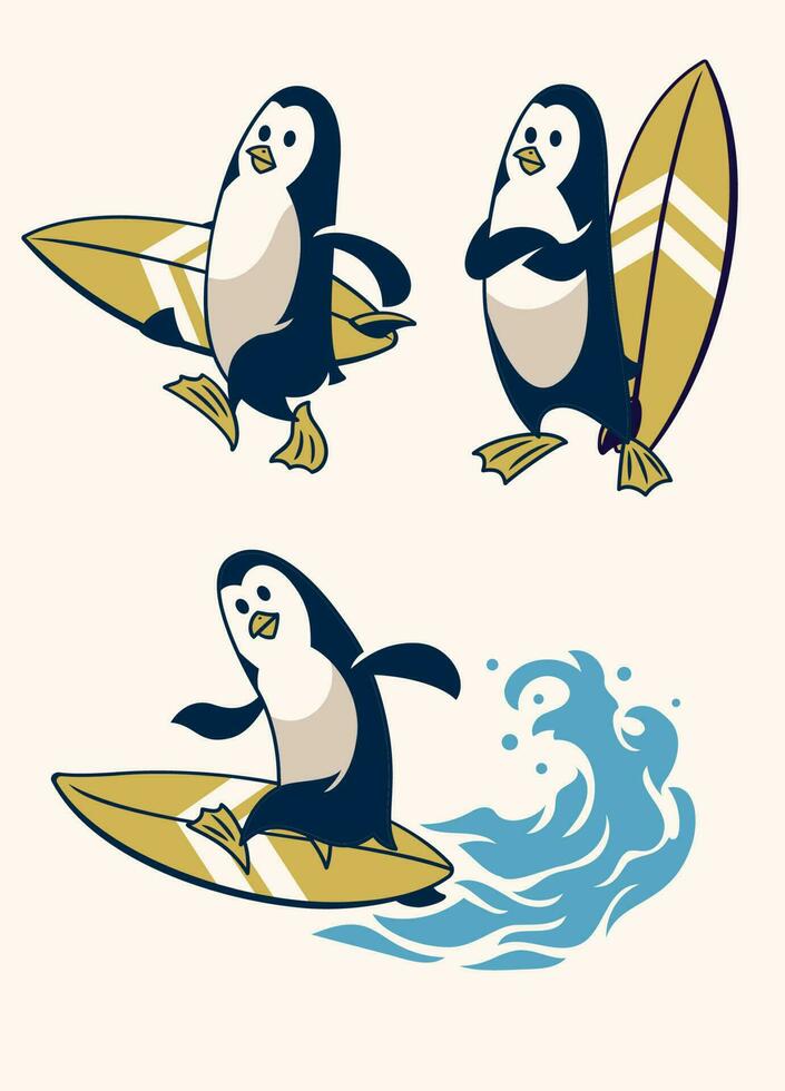 pinguino uccello surfer cartone animato impostato vettore