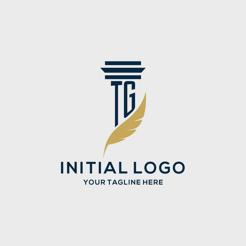 tg monogramma iniziale logo con pilastro e piuma design vettore