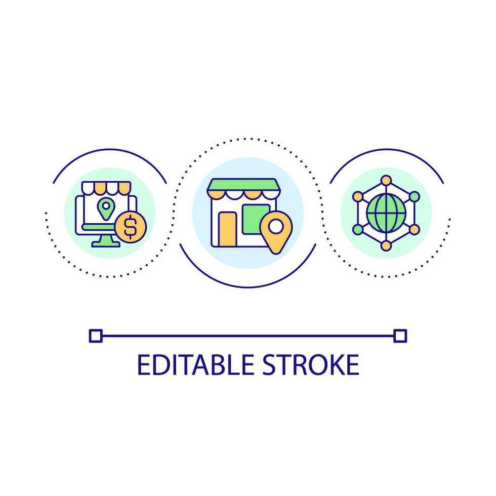 vendere prodotti localmente e globalmente ciclo continuo concetto icona. in linea negozio. In tutto il mondo consegna. casa attività commerciale astratto idea magro linea illustrazione. isolato schema disegno. modificabile ictus vettore