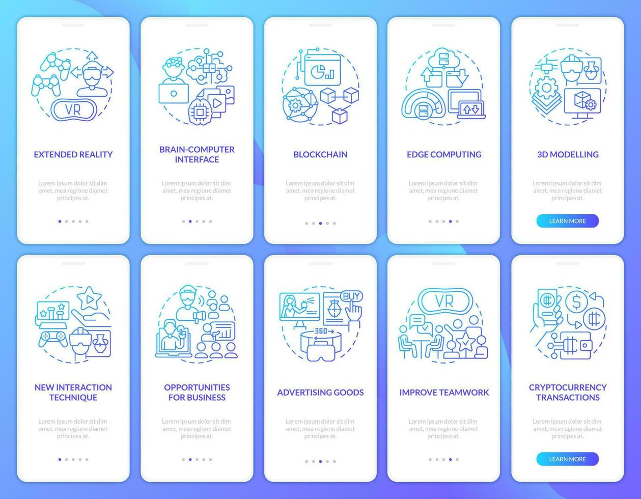 metaverso per attività commerciale blu pendenza onboarding mobile App schermi impostare. Procedura dettagliata 5 passaggi grafico Istruzioni con lineare concetti. ui, ux, gui modello vettore