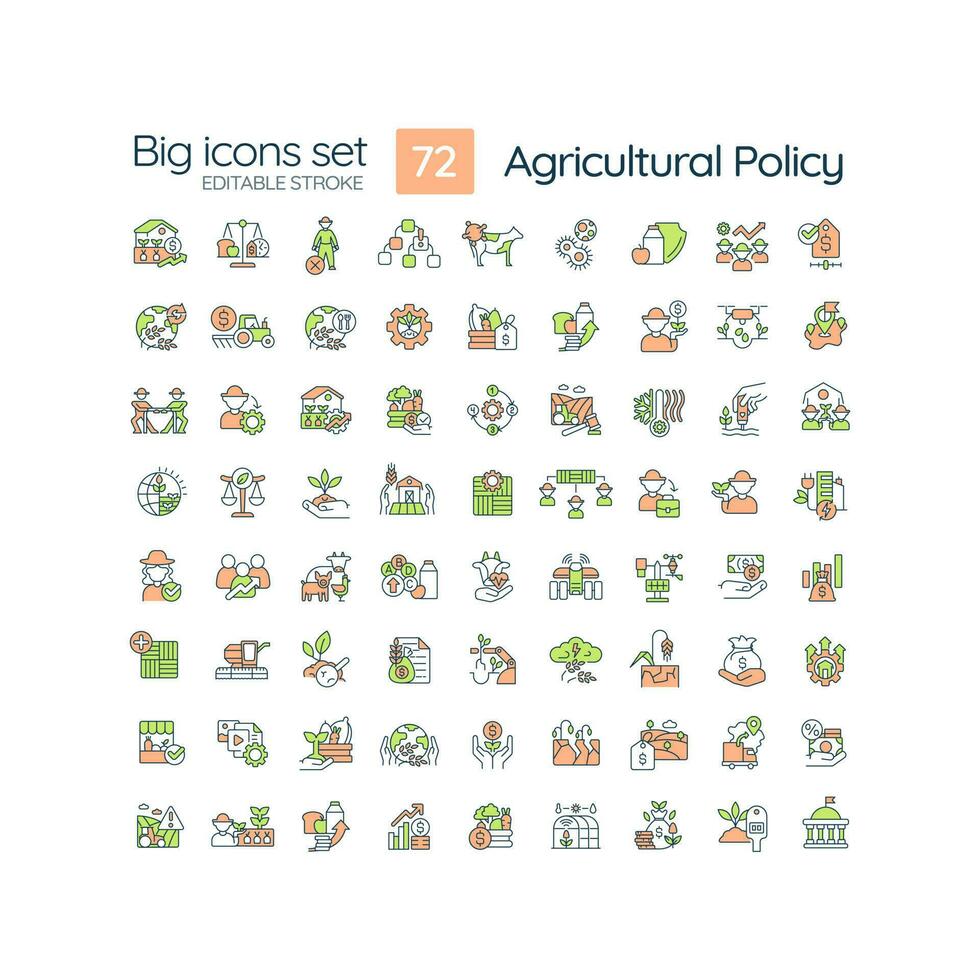 agricoltura politica rgb colore icone impostare. agribusiness regolamento le leggi. agricoltori supporto programmi. isolato vettore illustrazioni. semplice pieno linea disegni collezione. modificabile ictus