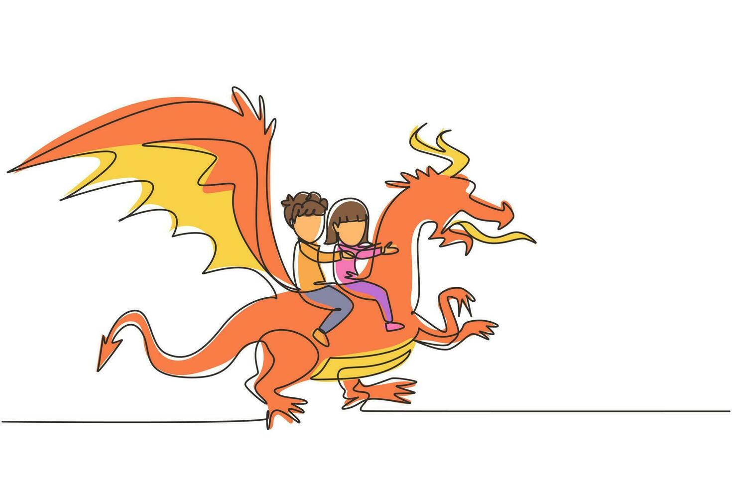 un unico disegno a tratteggio felice ragazzino e ragazza che volano insieme con il drago fantasy. i bambini volano e si siedono sul dorso del drago al cielo. fiaba immaginaria per bambini. vettore di disegno a linea continua