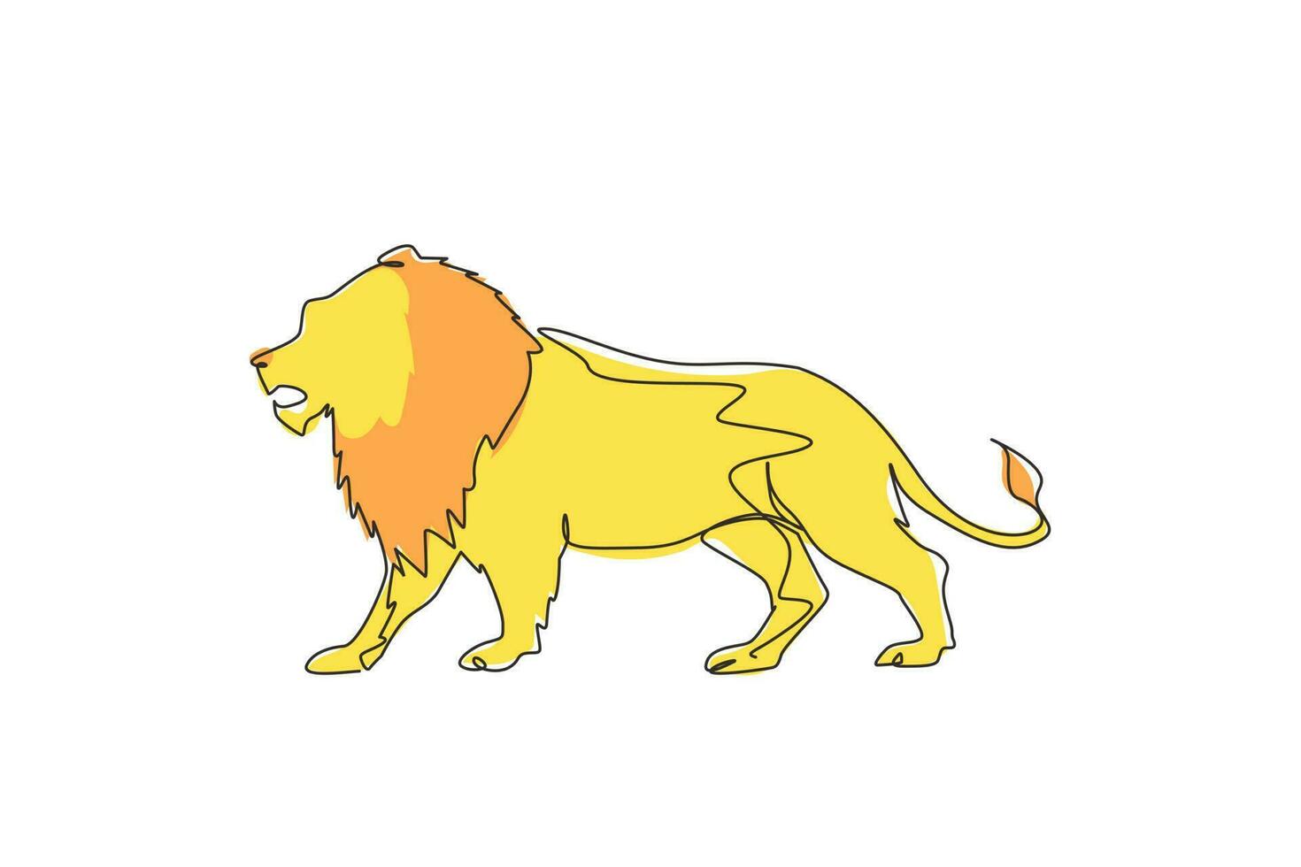 un'unica linea continua che disegna un forte leone in piedi per tutto il corpo, re della giungla. forte mascotte di mammifero felino. logo animale pericoloso grande gatto. illustrazione vettoriale di disegno grafico dinamico di una linea