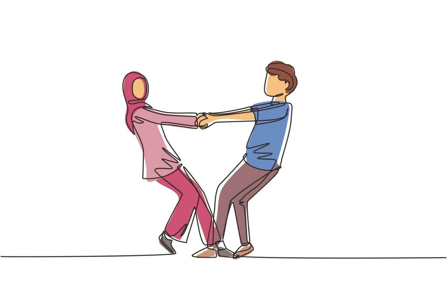 un unico disegno a tratteggio uomo e donna arabi felici che ballano sul pavimento al parco. giovani sposi romantici che si tengono per mano e girano intorno. illustrazione vettoriale grafica di disegno a linea continua