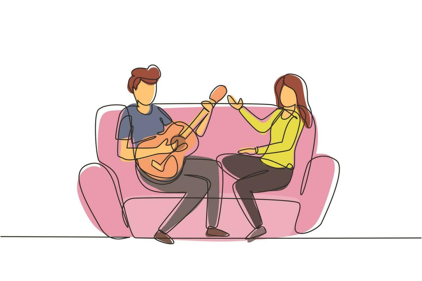 singola coppia di disegno a tratteggio insieme innamorata. ragazzo sta suonando la chitarra per la sua ragazza in soggiorno sul divano. ragazza ascolta e canta insieme. vettore grafico moderno di disegno di linea continua