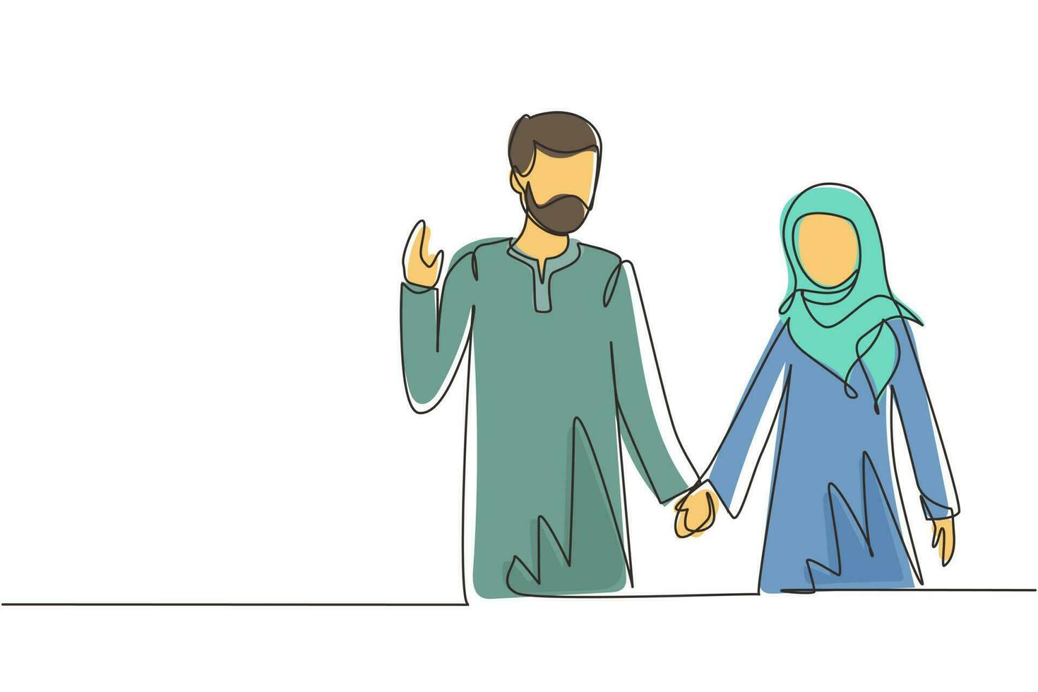 disegno a linea continua singola giovane coppia araba innamorata mano nella mano. coppia romantica innamorata che trascorre del tempo insieme all'aperto. concetto di famiglia felice. illustrazione vettoriale di un disegno grafico a una linea