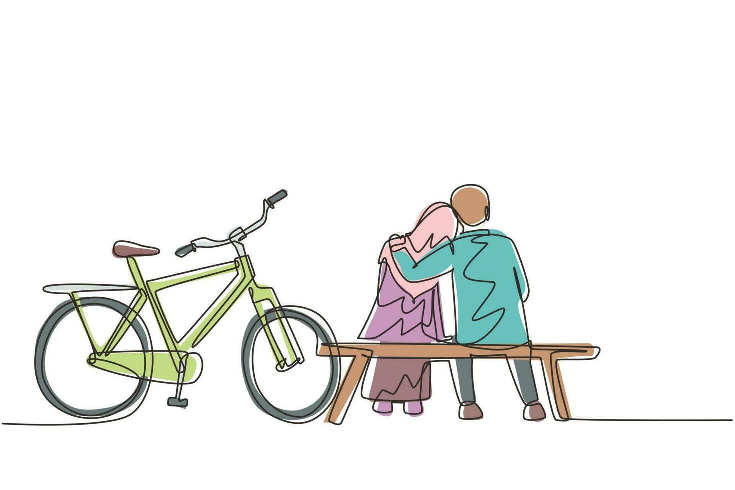 una linea continua che disegna indietro vista romantica coppia araba che chiacchiera mentre si siede e si abbraccia sulla panchina. felice uomo carino donna in sella a una bici elettrica. illustrazione grafica vettoriale di progettazione a linea singola