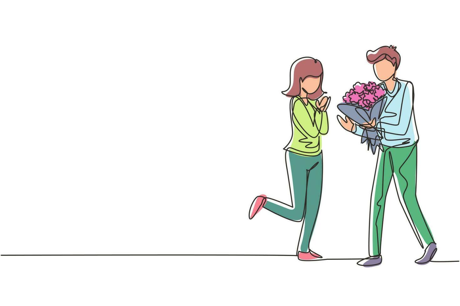 uomo di disegno continuo di una linea che fa proposta di matrimonio con una donna con bouquet. ragazzo sorprende la sua ragazza e regala fiori. fidanzamento e relazione amorosa. illustrazione grafica vettoriale di progettazione a linea singola