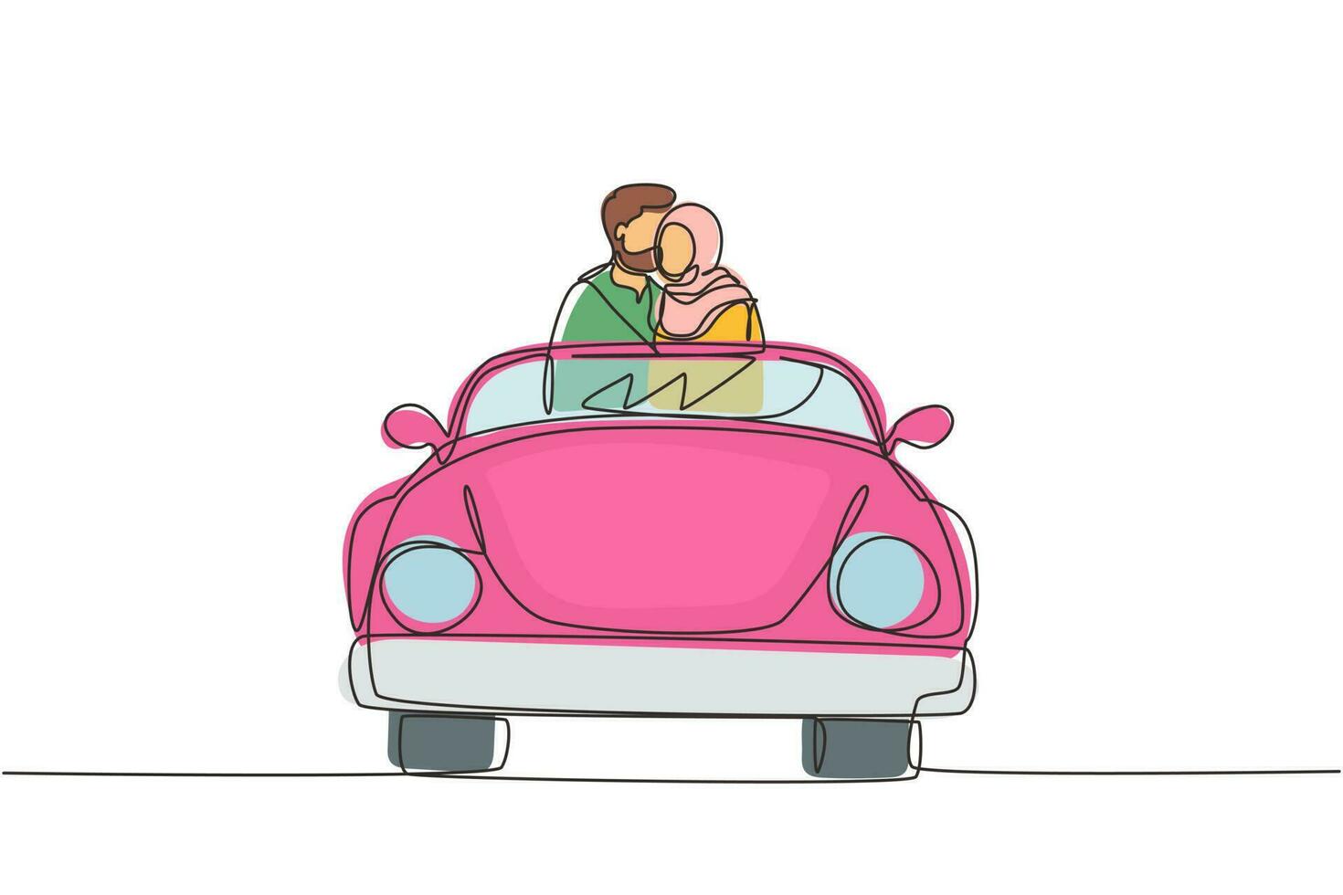singola linea continua disegno felice coppia araba in viaggio su strada in auto d'epoca retrò. uomo e donna nel veicolo. relazione romantica di coppia sposata. illustrazione vettoriale di un disegno grafico a una linea