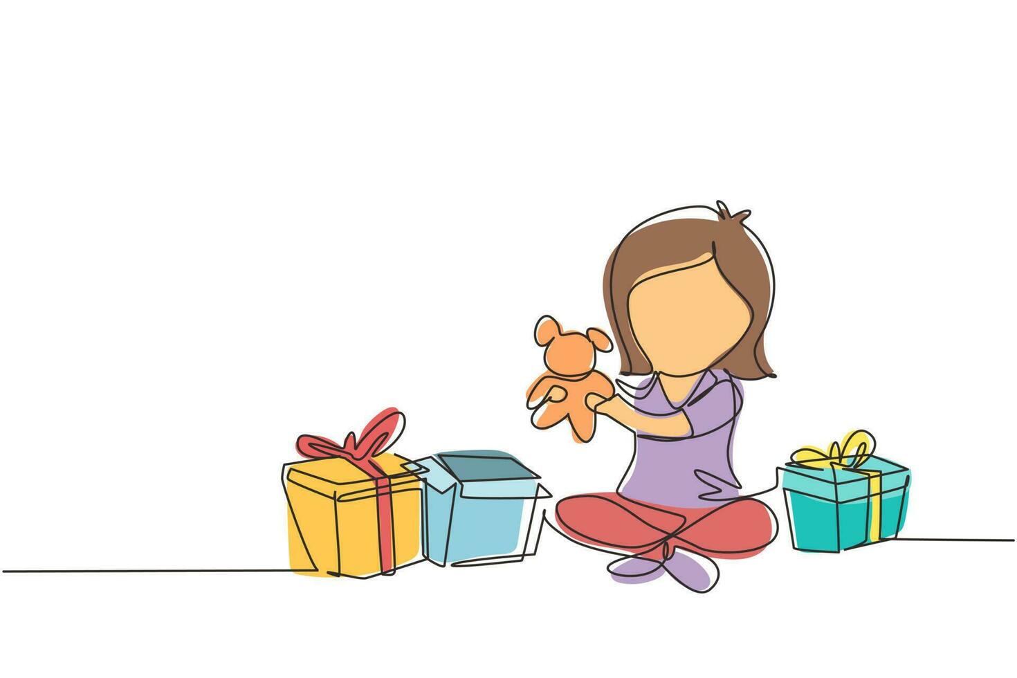 disegno continuo di una linea eccitato bambina bambino apertura confezione regalo incartata decorata con fiocco a nastro. la ragazza felice e carina del bambino riceve un regalo di orsacchiotto dal compleanno. vettore di disegno a linea singola