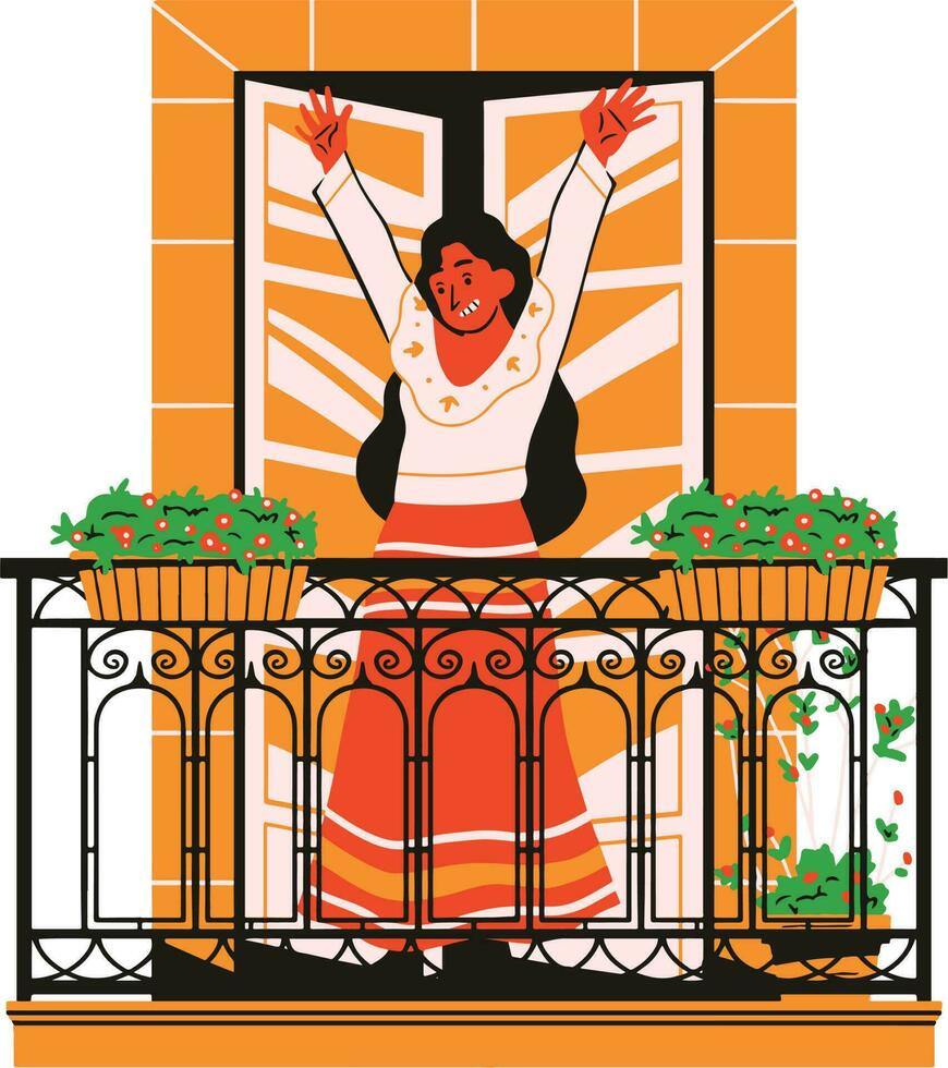balcone con donna su terrazza. piatto vettore illustrazione.