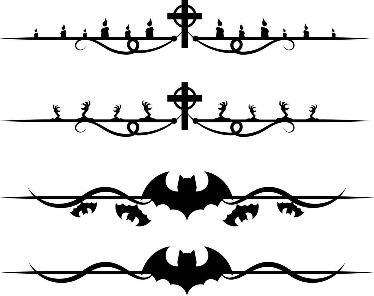 impostato di Halloween elementi. vettore impostato di nero sagome di croci, pipistrelli e ragni su un' bianca sfondo. impostato di divisore