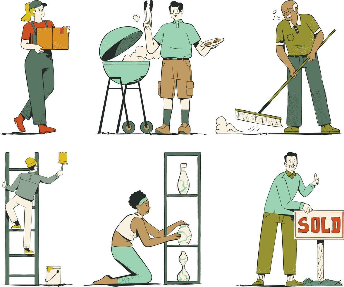 lavoratore impostare. impostato di persone fare domestico opera. maschio e femmina cartone animato personaggi. vettore illustrazione