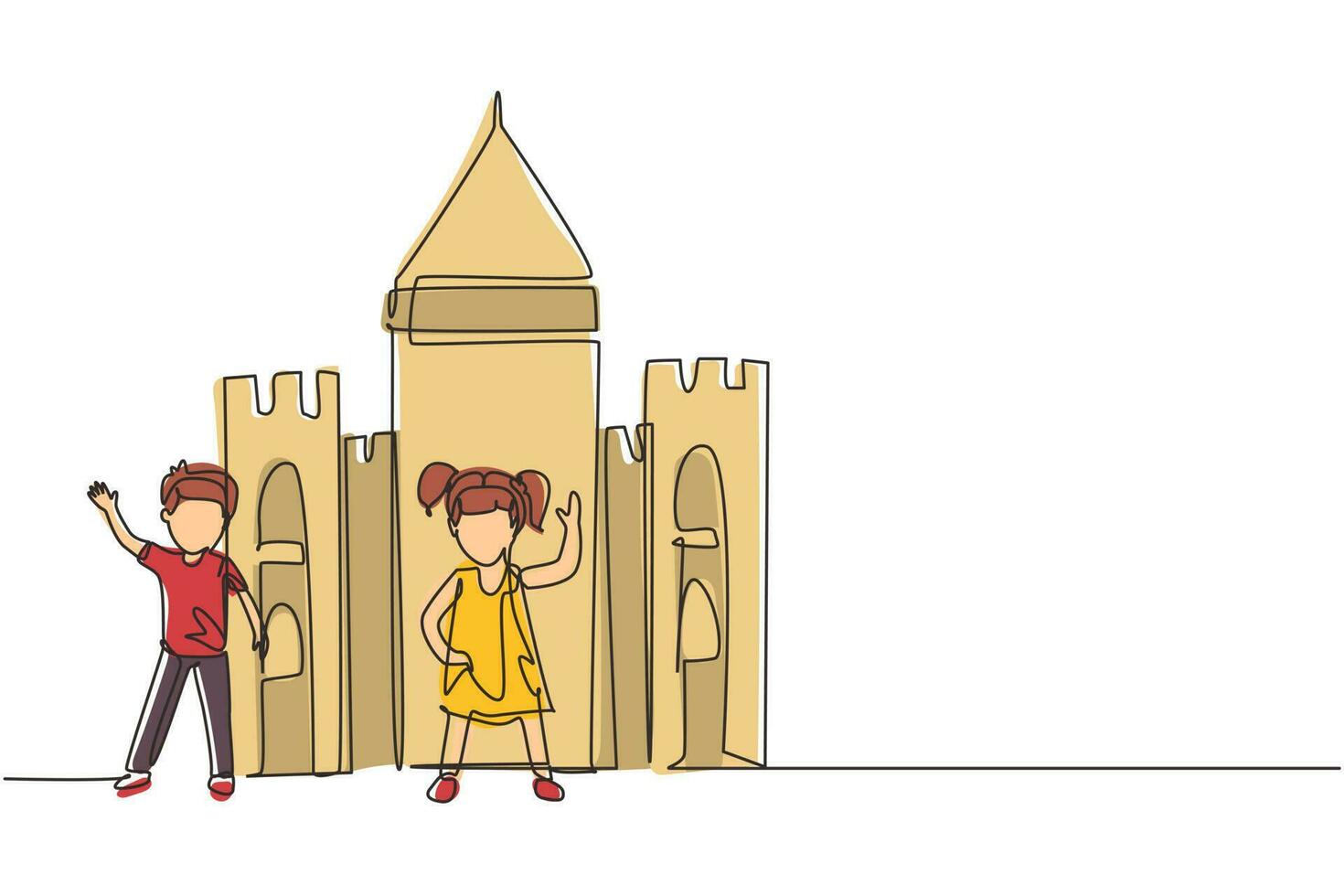 bambini di disegno a linea singola con castello di cartone per la recita scolastica. bambini allegri che giocano nel castello fatto di scatole di cartone. bambino creativo che gioca al castello. vettore grafico di disegno di linea continua