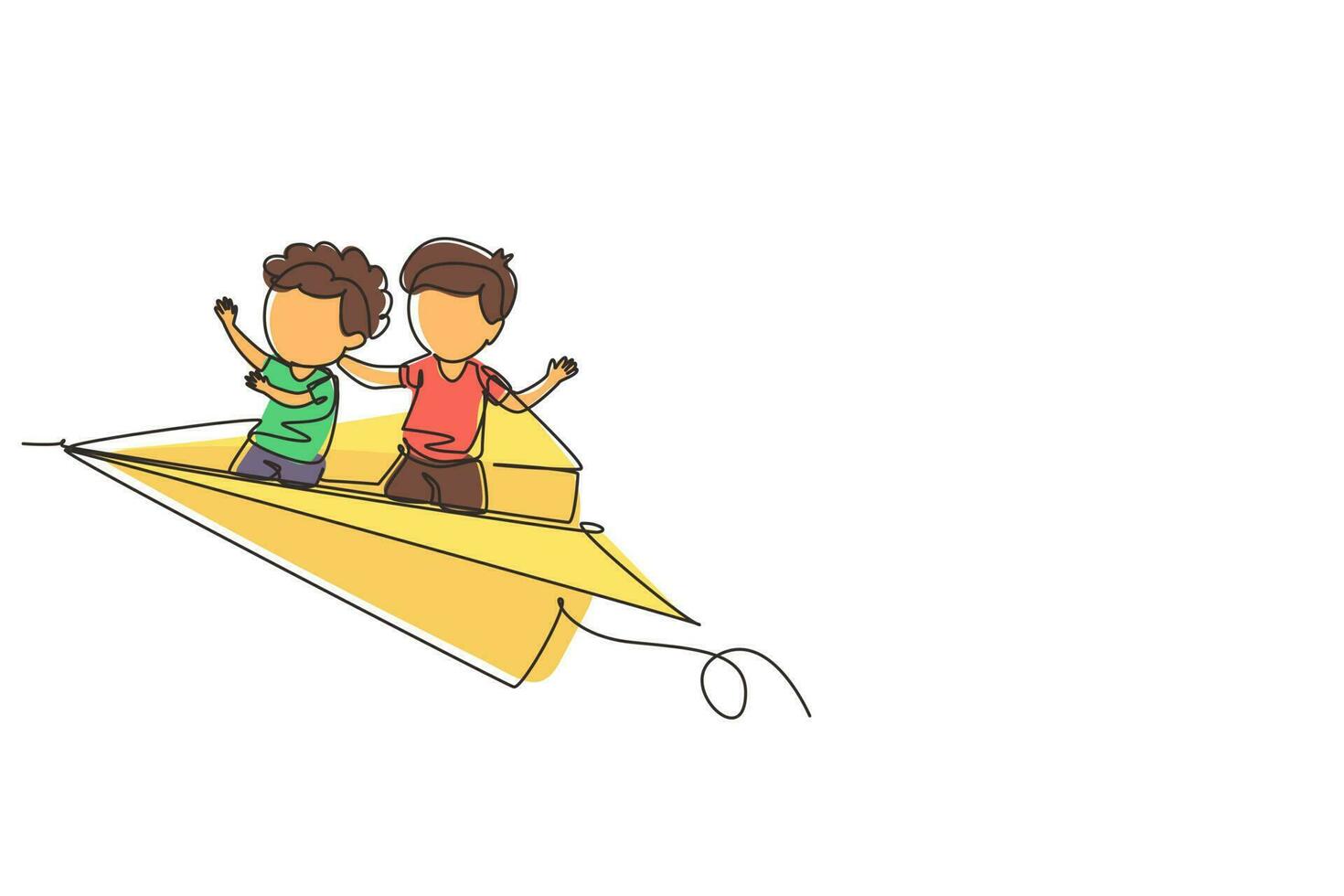 unico disegno a tratteggio due ragazzini felici che volano su un aeroplano di carta. bambini che volano insieme sull'aeroplano di carta. i bambini tornano al concetto di scuola. illustrazione vettoriale grafica di disegno a linea continua