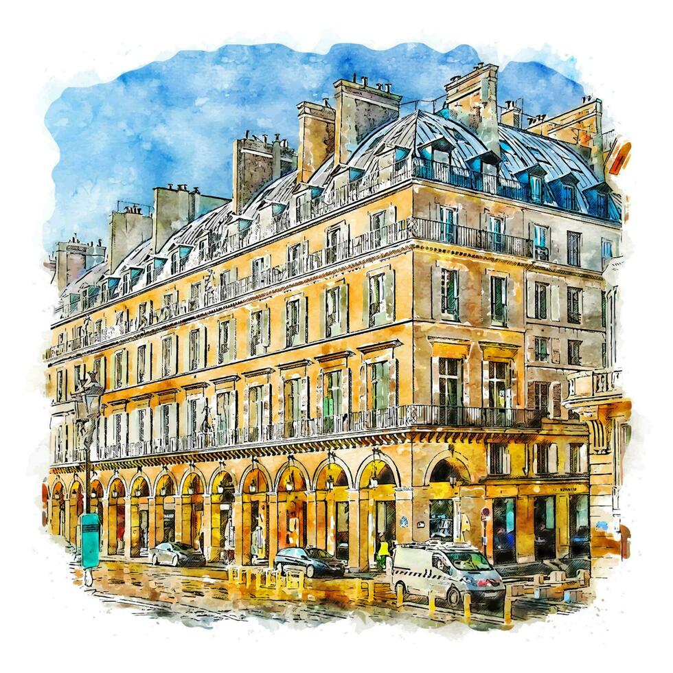 illustrazione disegnata a mano di schizzo dell'acquerello di architettura parigi francia vettore